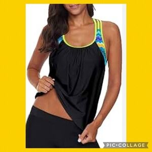 Black colorful top two piece swimsuit